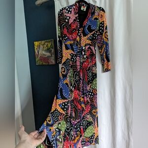 FARM Rio Under The Sea Maxi Plunging V-neck Long Sleeve Dress XS $200